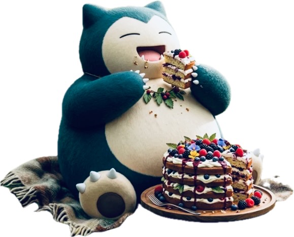 Kuma the Snorlax enjoying cake