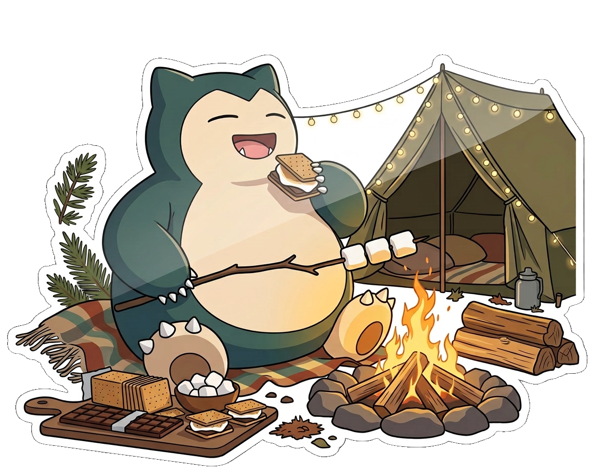 Kuma making s'mores by a campfire