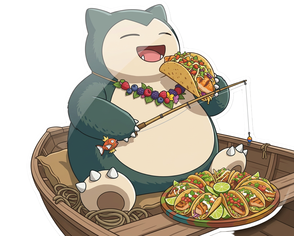 Kuma on a boat with a plate of tacos